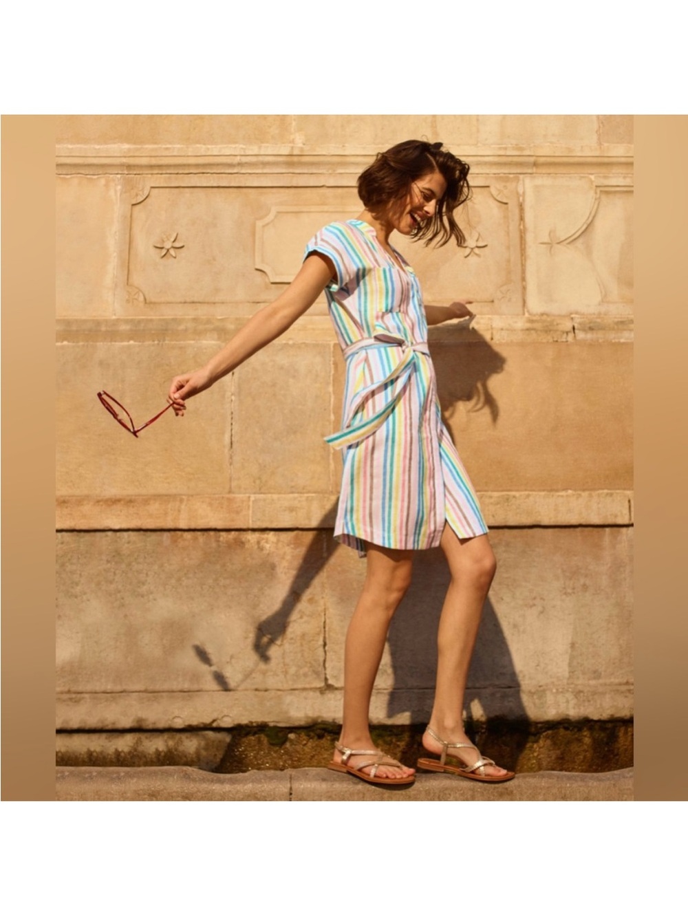 Boden Evie Rainbow Striped Tie-Waist Dress